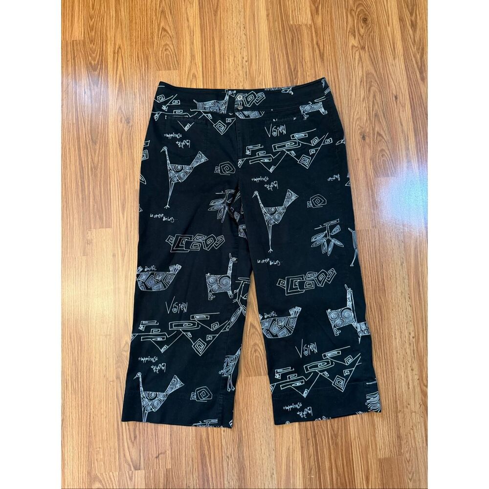 Chico's Women's Tribal Giraffe Cropped Wide Leg Pants Black White Size 3.5 Large